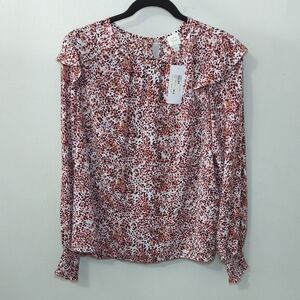 Roan + Ryan Ruffle Shoulder Blouse Animal Print White + Brown NEW Women's Size L